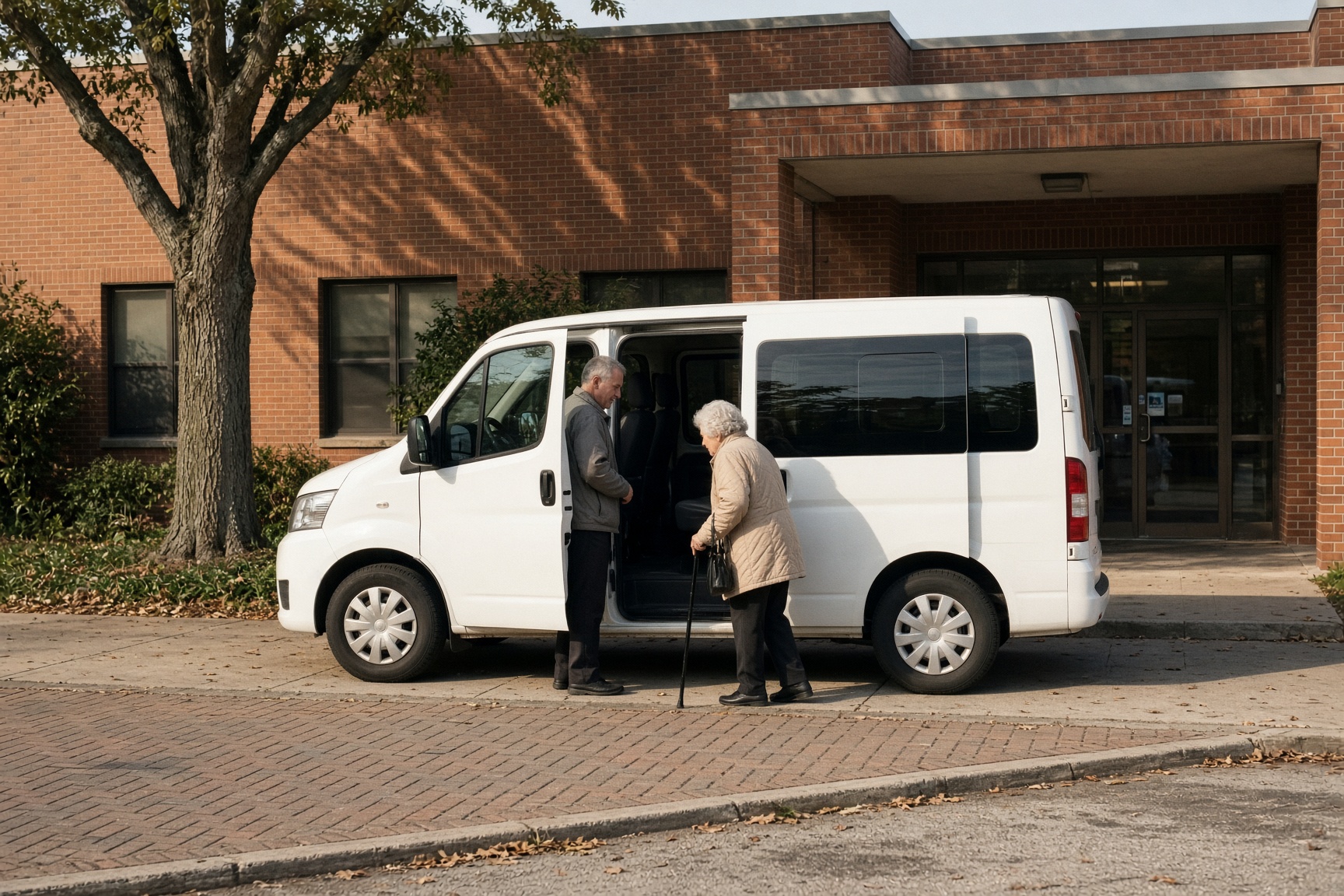 A white shuttle with the door open at a brick day center while a driver waits with an older adult.