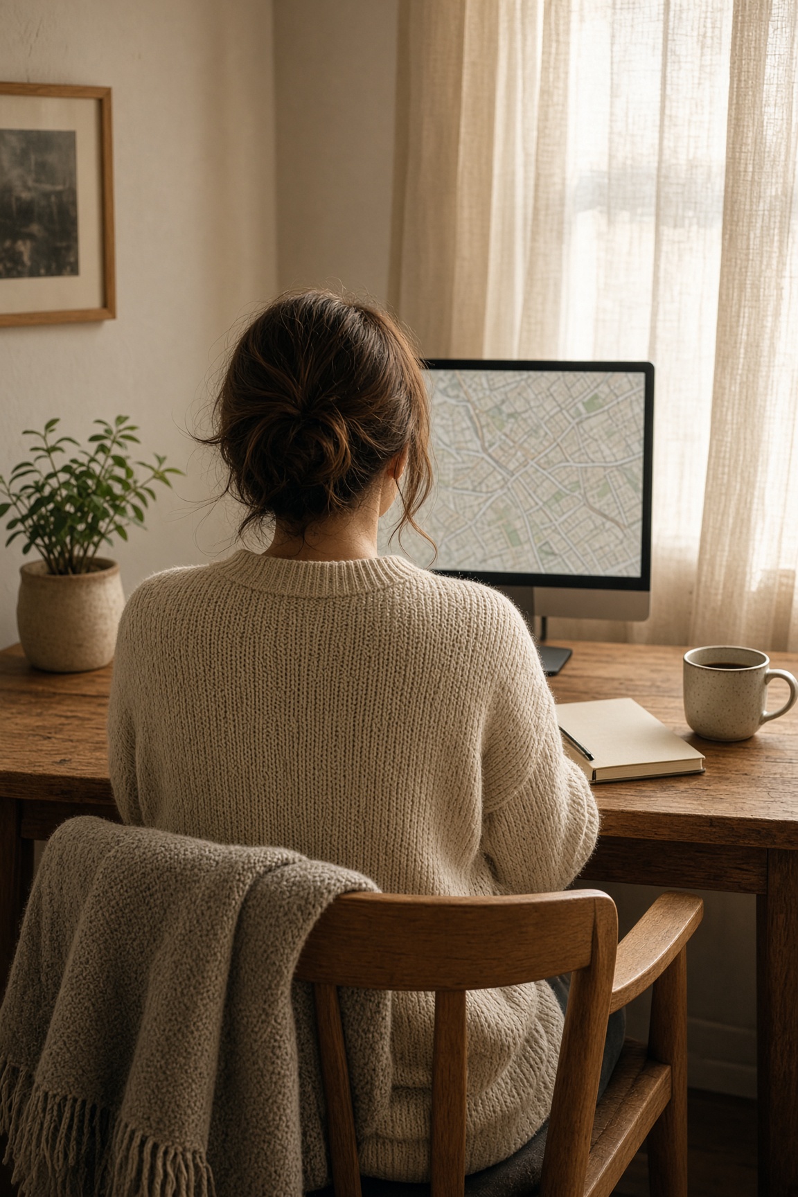 From behind, a dispatcher in a cream sweater sits comfortably at a wooden desk with tea and a plant, facing a monitor.