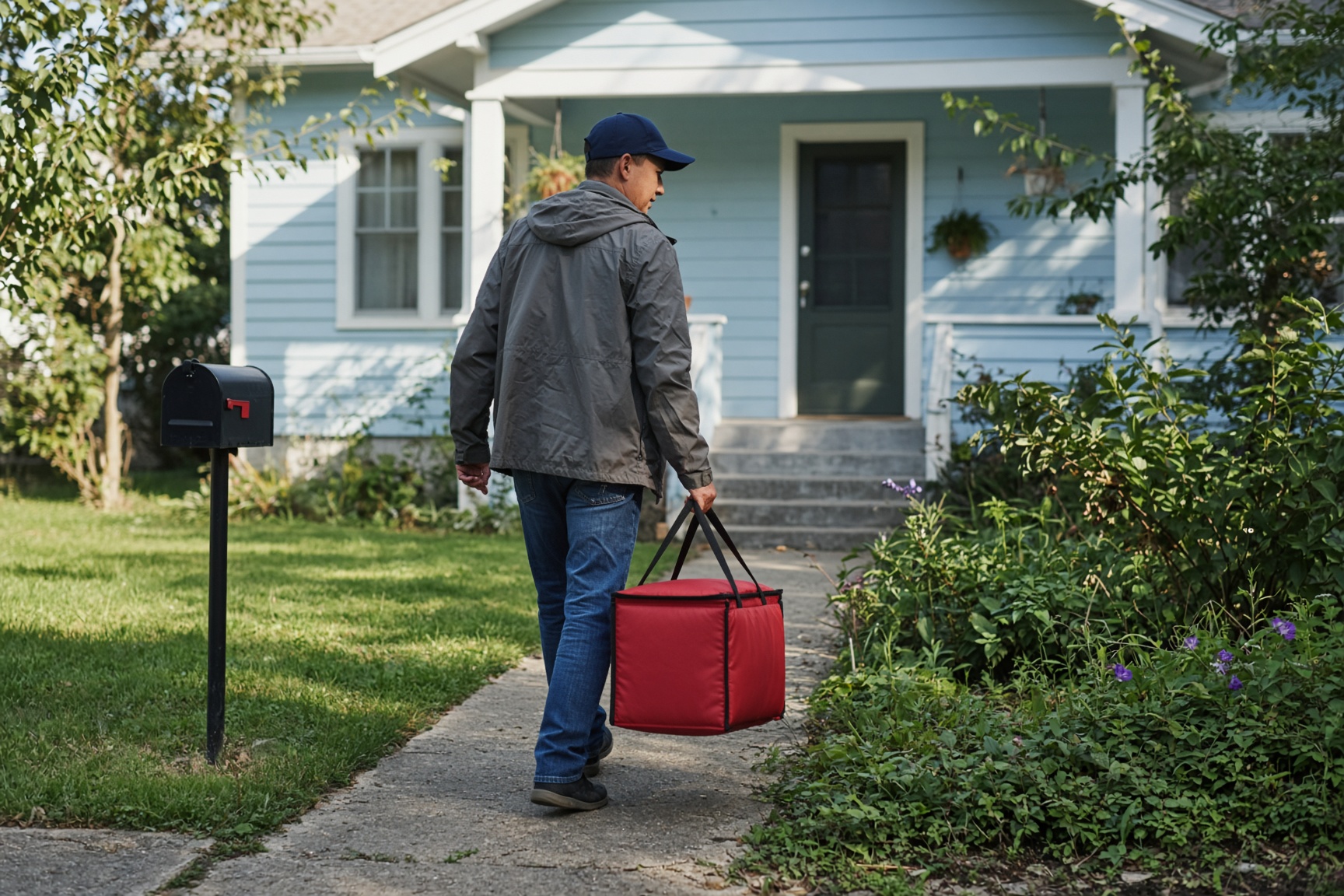 A driver carries one red insulated meal bag up the path to a house.