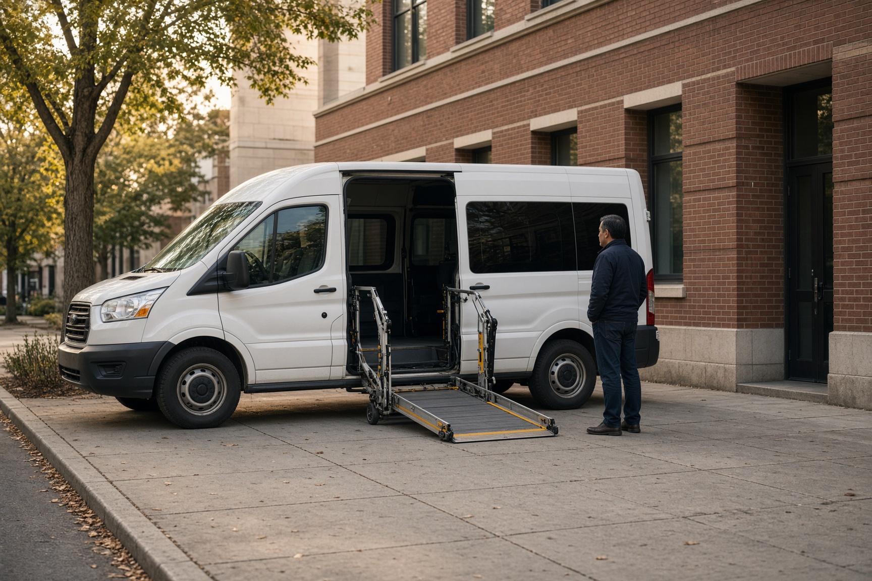 A wheelchair van with the side lift down outside a brick clinic.